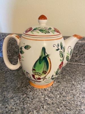Vintage Handpainted Rooster Teapot, Pitcher, Sugar, and Creamer