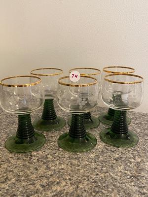 Schott Zwiesel Etched Glass Gilt Rimmed Green Beehive Stem Wine Glasses | Lot Three