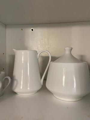 Service Set of Six Espresso Cups, Saucers, Creamer, and Sugar Lot