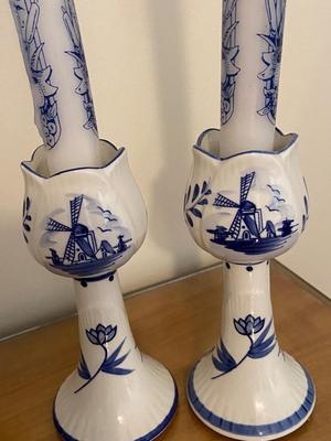 Vintage Delft Blue Candles and Candlesticks Pair