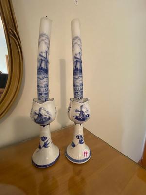 Vintage Delft Blue Candles and Candlesticks Pair