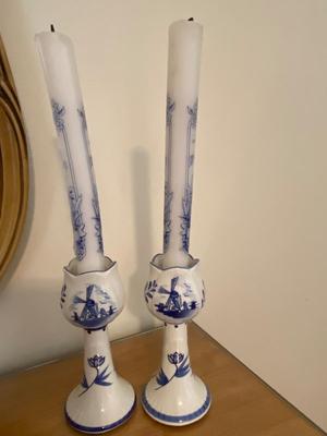 Vintage Delft Blue Candles and Candlesticks Pair