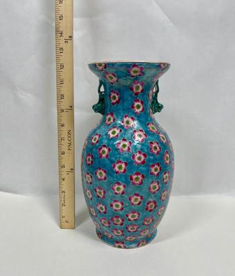 Chinese Porcelain Vase Hand-painted Dark Pink Flowers on Light Blue w Foo Dog Handles, Chinoiserie Decor