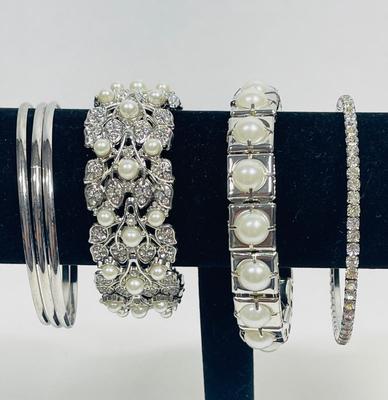 Lot of 6 Bracelets Bangles Silver tone Rhinestones Faux Pearls