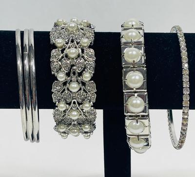Lot of 6 Bracelets Bangles Silver tone Rhinestones Faux Pearls