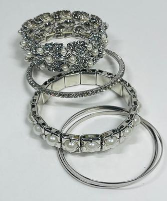 Lot of 6 Bracelets Bangles Silver tone Rhinestones Faux Pearls