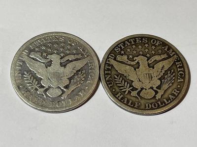 1893-P & 1906-P CIRCULATED CONDITION BARBER SILVER HALF DOLLARS AS PICTURED.