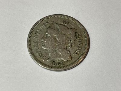 1865 CIRCULATED CONDITION 3-CENT NICKEL TYPE COIN AS PICTURED.
