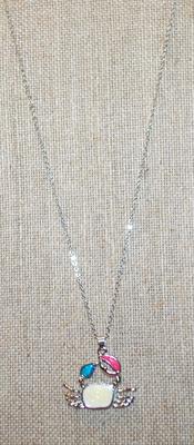 Colorful Aquamarine, Pinks & Yellows Crab PENDANT (1½" x 1") on a Silver Tone Necklace Chain 16" L