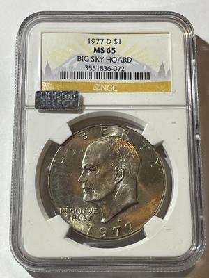 NGC CERTIFIED "BIG SKY HOARD" 1977-D MS65 GRADED EISENHOWER DOLLAR.