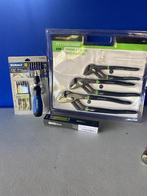 Kobalt 12-in-1 Screwdriver, Pittsburg Tounge & Groove Joint Pliers, & a Big Larry Flashlight