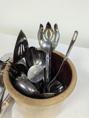 Vintage Stoneware Crock With Utensils