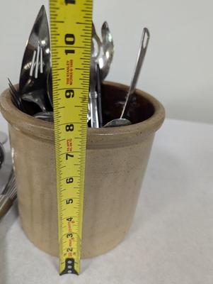 Vintage Stoneware Crock With Utensils