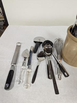 Vintage Stoneware Crock With Utensils