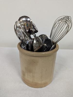 Vintage Stoneware Crock With Utensils