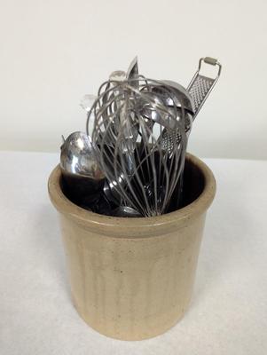 Vintage Stoneware Crock With Utensils