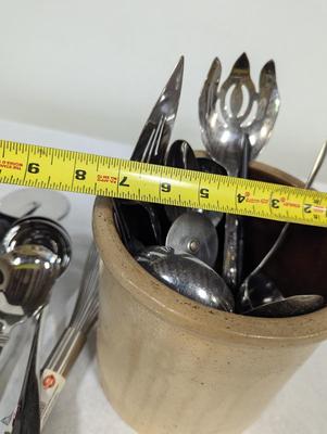 Vintage Stoneware Crock With Utensils