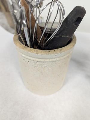 Vintage Stoneware Crocks With Utensils