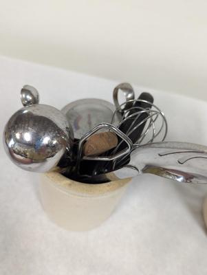 Vintage Stoneware Crocks With Utensils