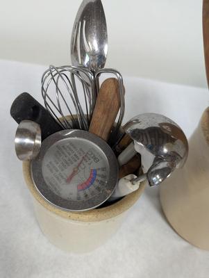 Vintage Stoneware Crocks With Utensils