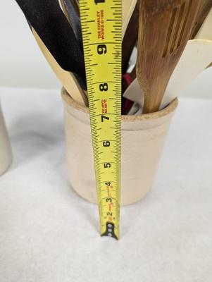 Vintage Stoneware Crocks With Utensils