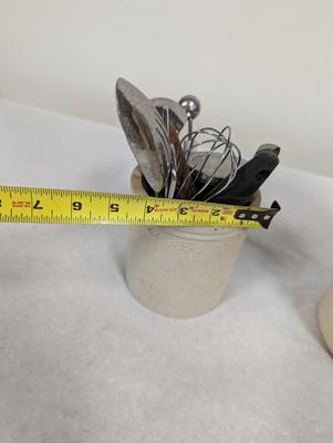 Vintage Stoneware Crocks With Utensils