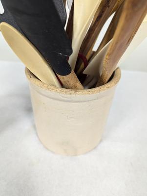 Vintage Stoneware Crocks With Utensils