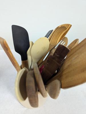 Vintage Stoneware Crocks With Utensils