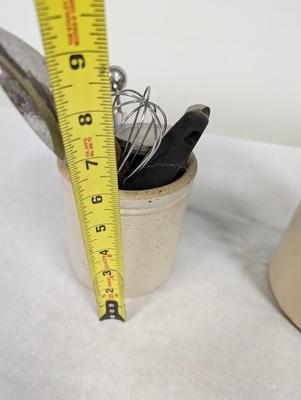 Vintage Stoneware Crocks With Utensils