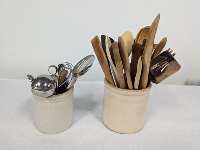 Vintage Stoneware Crocks With Utensils