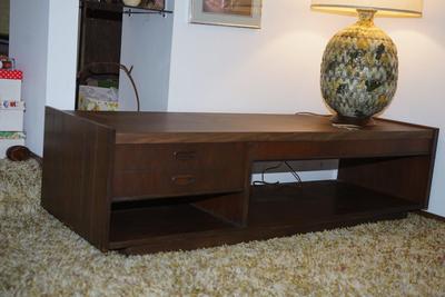 1970's MCM 60" WALNUT COFFEE TABLE W/ FORMICA TOP / ONE DRAWER /LOWER SHELF