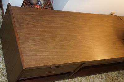1970's MCM 60" WALNUT COFFEE TABLE W/ FORMICA TOP / ONE DRAWER /LOWER SHELF