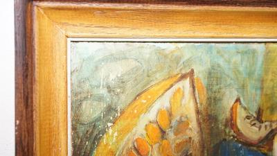 1960-70's COLORFUL OIL ON BOARD STILL LIFE OF FRUIT SIGNED KUST /FRAMED