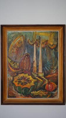 1960-70's COLORFUL OIL ON BOARD STILL LIFE OF FRUIT SIGNED KUST /FRAMED