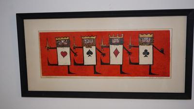 1960'S GOUCHE " FOUR RUMMYS" SIGNED BY BARBARA F. HUGHES /MATTED &FRAMED