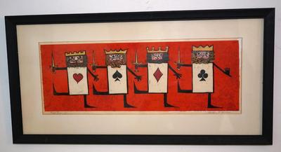 1960'S GOUCHE " FOUR RUMMYS" SIGNED BY BARBARA F. HUGHES /MATTED &FRAMED