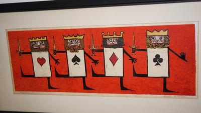 1960'S GOUCHE " FOUR RUMMYS" SIGNED BY BARBARA F. HUGHES /MATTED &FRAMED