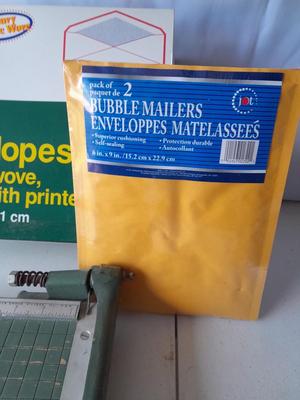 Office supplies - Nice small vintage Premier paper cutter - new envelopes - Partial box 500 Envelopes