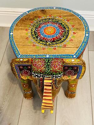 Indian Hand Carved Wooden Elephant Stool