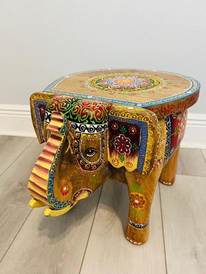 Indian Hand Carved Wooden Elephant Stool
