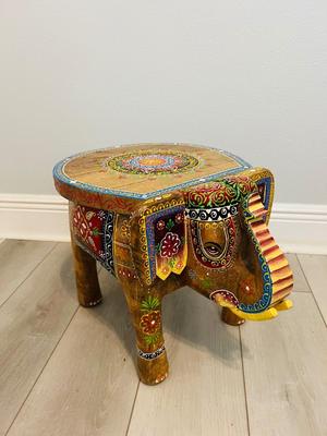 Indian Hand Carved Wooden Elephant Stool