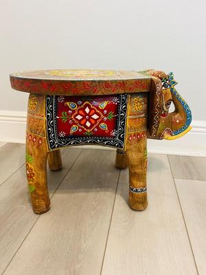 Indian Hand Carved Wooden Elephant Stool