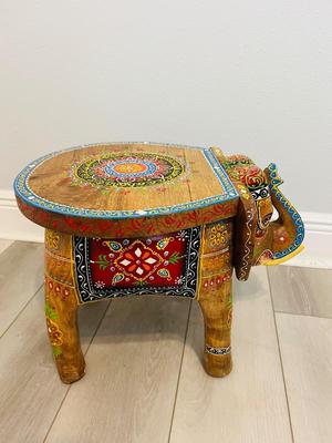 Indian Hand Carved Wooden Elephant Stool