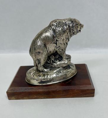 Cast Metal Silver Plated Bear statue figurine on display board