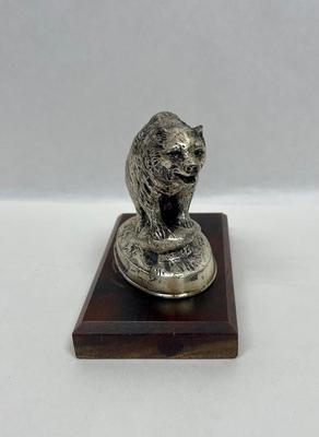Cast Metal Silver Plated Bear statue figurine on display board