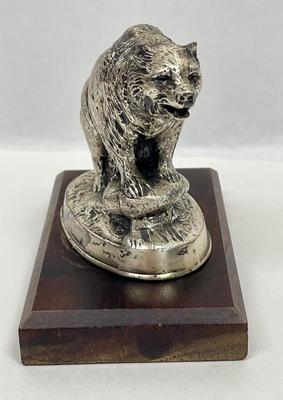 Cast Metal Silver Plated Bear statue figurine on display board