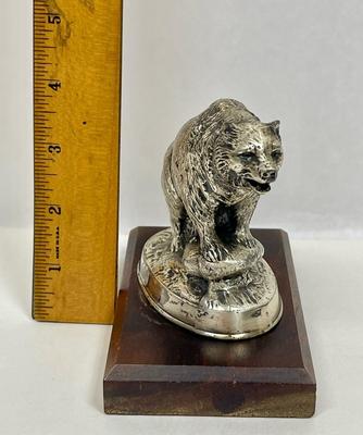 Cast Metal Silver Plated Bear statue figurine on display board