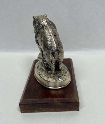 Cast Metal Silver Plated Bear statue figurine on display board