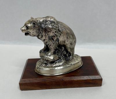 Cast Metal Silver Plated Bear statue figurine on display board