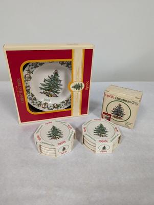 Spode Christmas Tree 2004 Plate, Coasters, & Covered Round Box